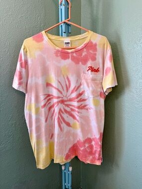 PINK Victoria's Secret White, Peach and Yellow Tie-Dye Logo Cotton Tee